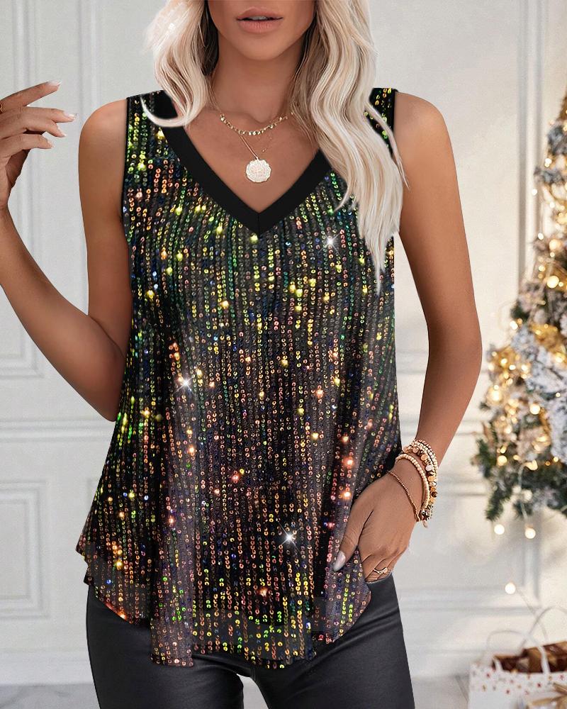 

V-Neck Allover Sequin Thick Strap Sleeveless Tank Casual Top, Multicolor