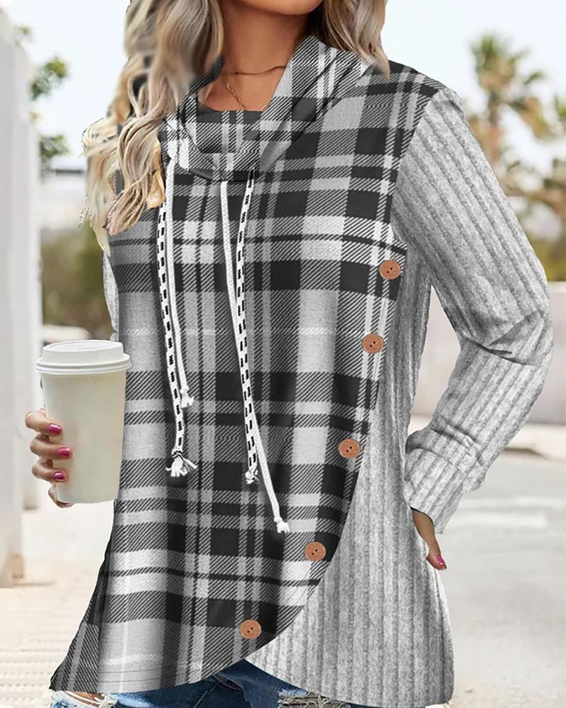 

Plaid Print Colorblock Drawstring Buttoned Overlap Hoodie, Gray