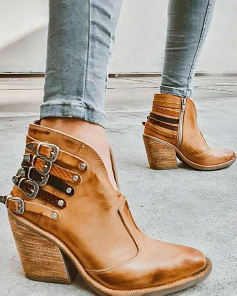 

Buckled Chunky Studded Boots, Brown