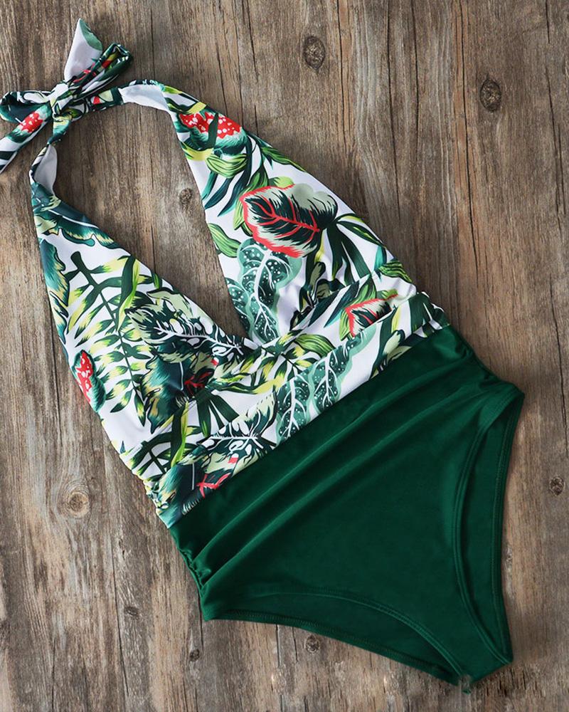 

Floral Print Halter Backless One-Piece Swimsuit, Green