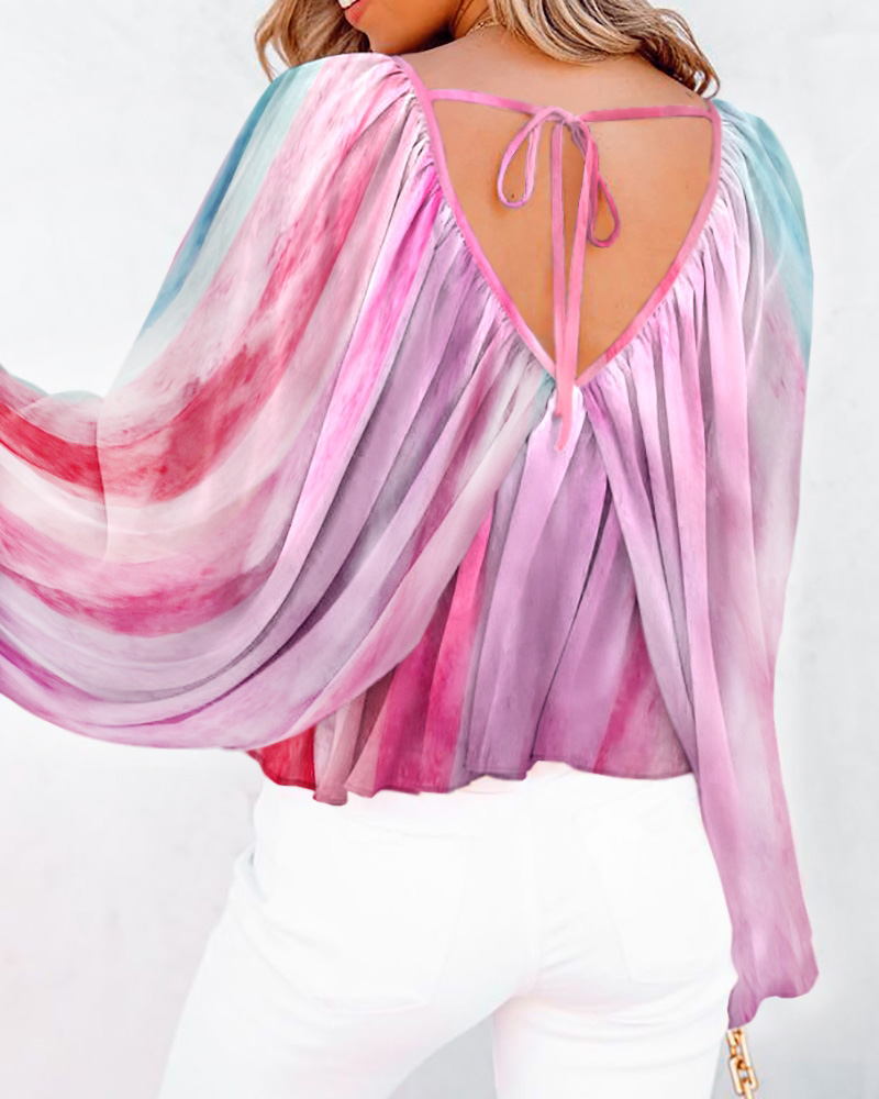 

Colorblock Tie Back Batwing Sleeve Top, Multicolor