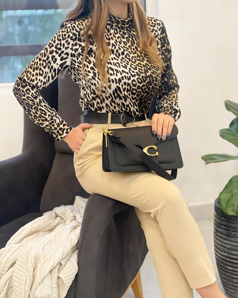 

Leopard Print Long Sleeve Top & Pocket Design Pants Set
