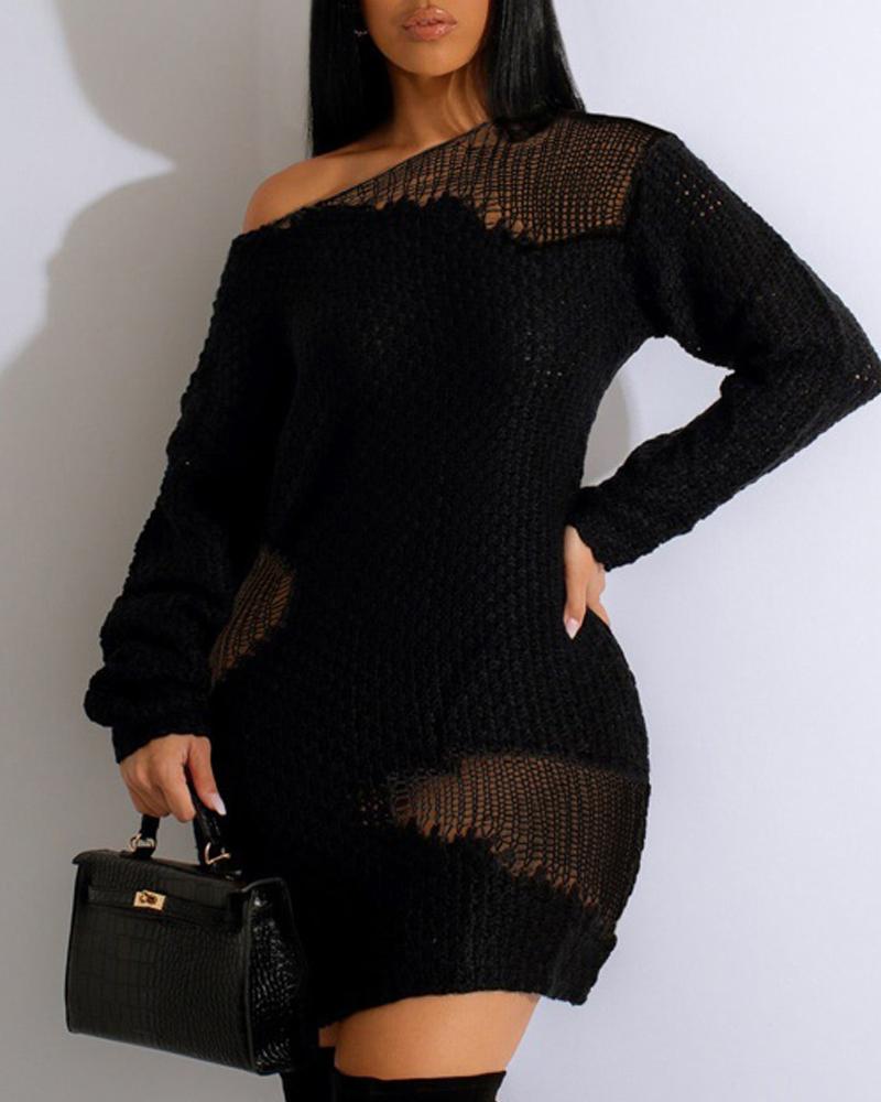 

Long Sleeve Hollow Out Sweater Dress, Black