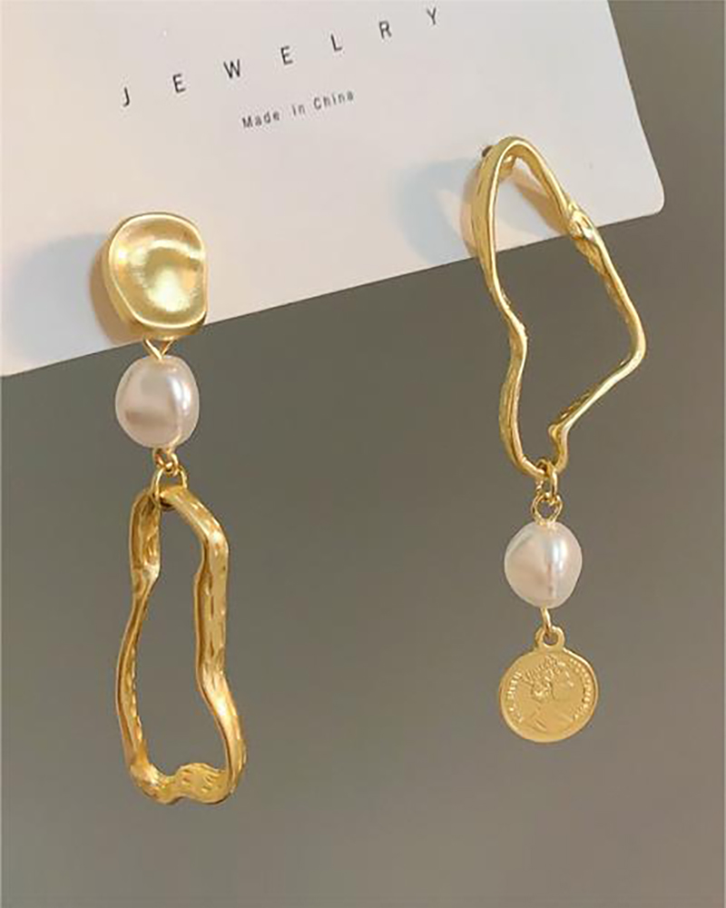 

1Pair Geometric Pattern Pearls Decor Drop Earrings, Gold