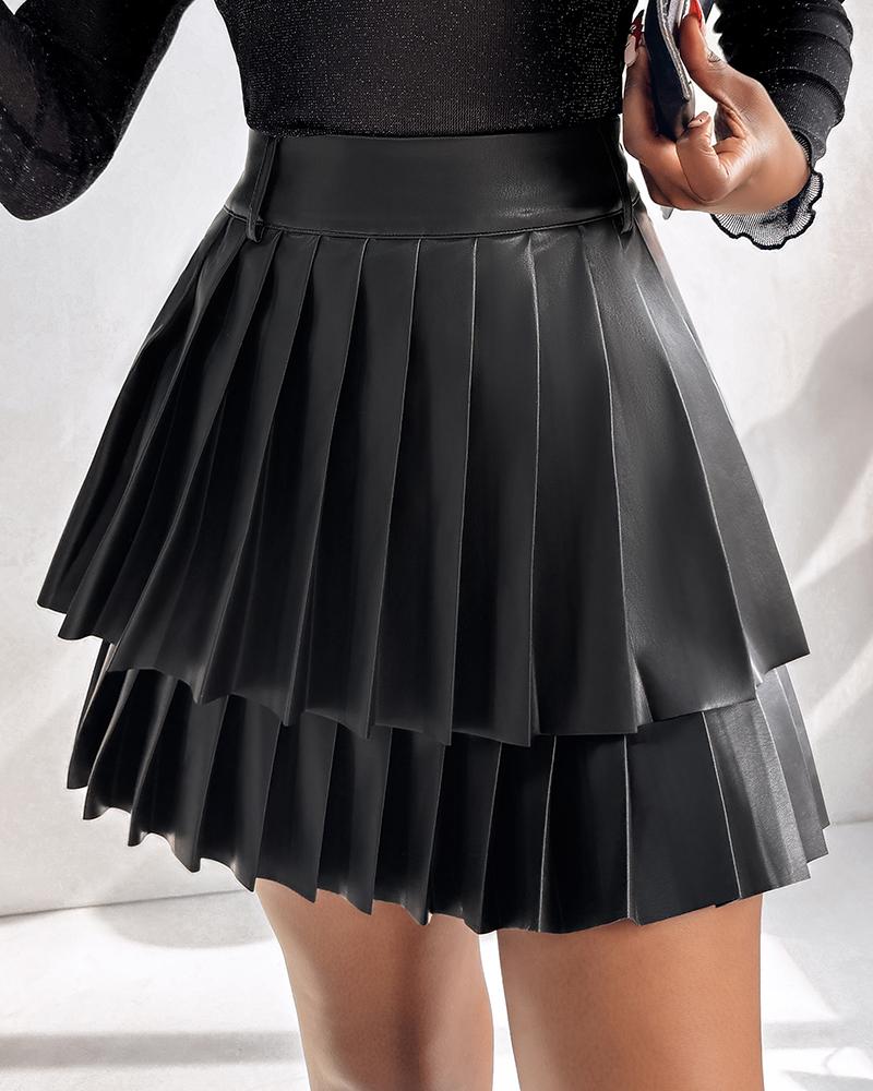

PU Leather Above Knee High Waist Pleated Skirt Casual Skirt, Black