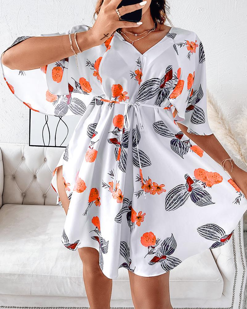 

Floral Print Tie Front Batwing Sleeve Asymmetrical Dress, White