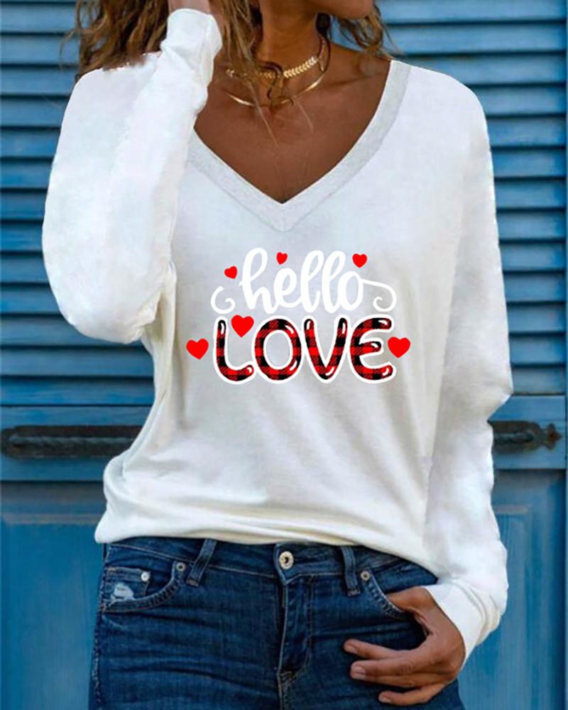 

Valentine' Day Heart Letter Print Long Sleeve Top, White
