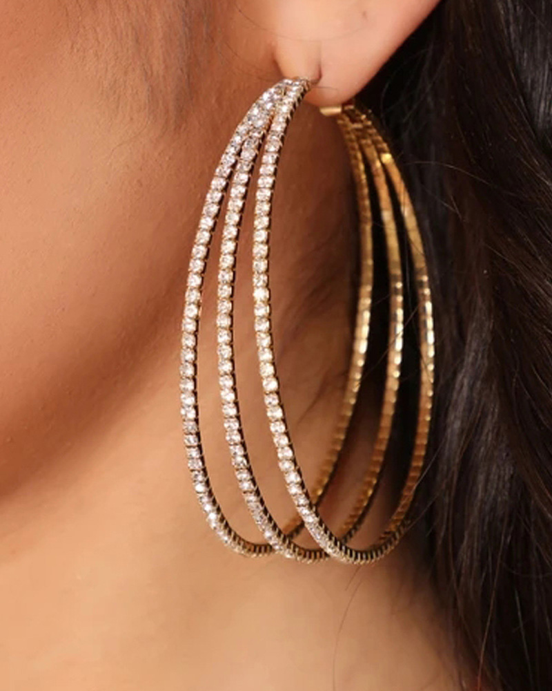 

1Pair Rhinestone Round Shaped Layered Hoop Earrings, Gold