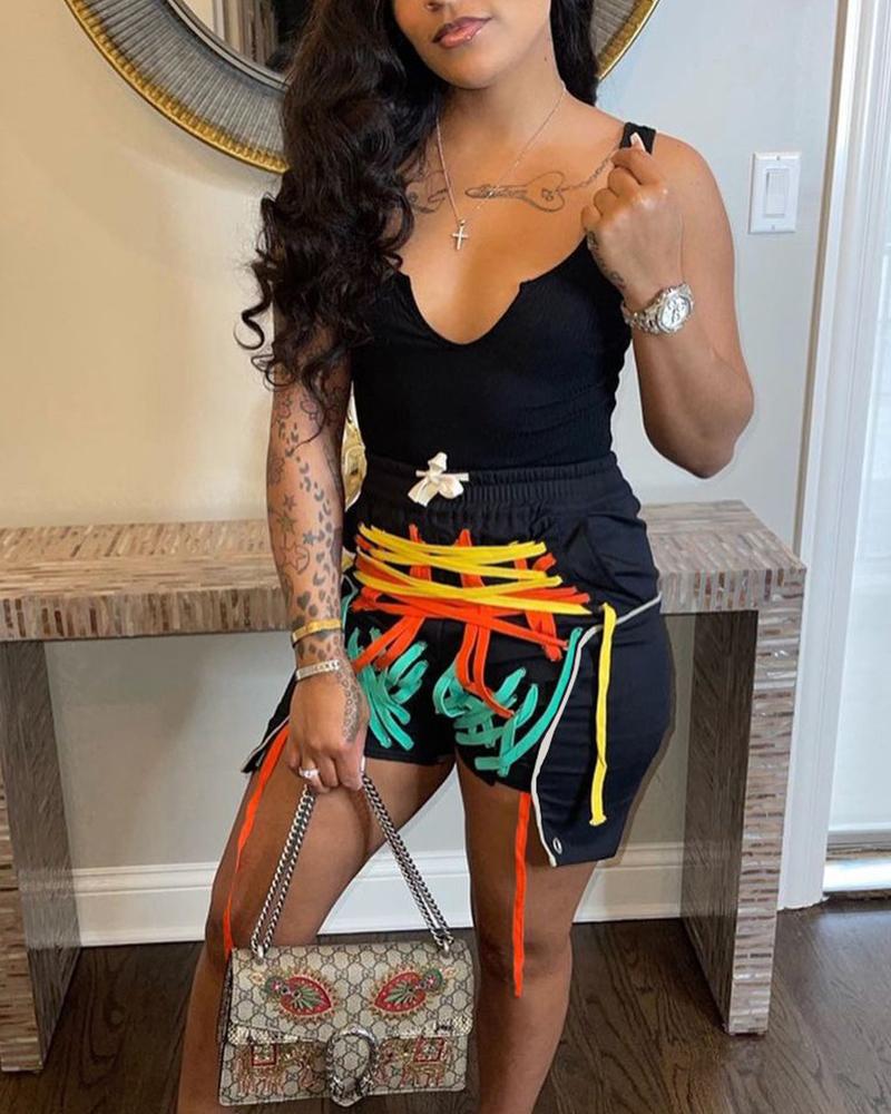 

Graphic Print Sleeveless Slimm Skinny Tank With Shorts Suit Sets, Orange