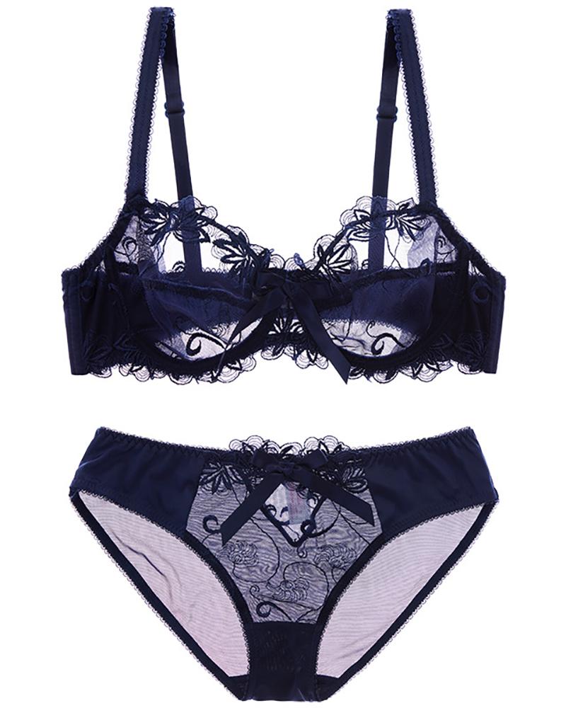 

Chantilly Lace Sheer Mesh Hollow Out Bra Set, Dark blue
