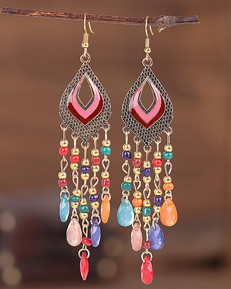 

1Pair Bohemian Waterdrop Beaded Tassel Design Hook Earrings, Pink