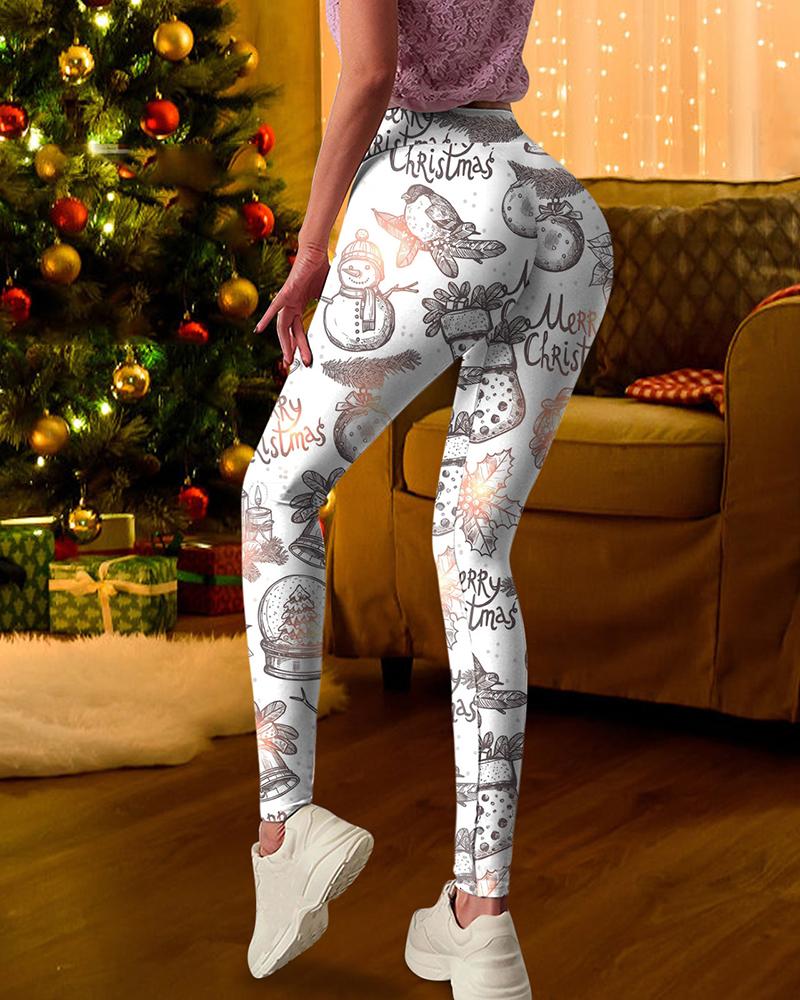 

Christmas Print High Waist Skinny Leggings, White