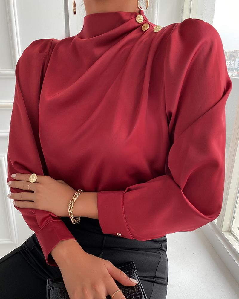 

Button Decor Ruched Long Sleeve Top, Red