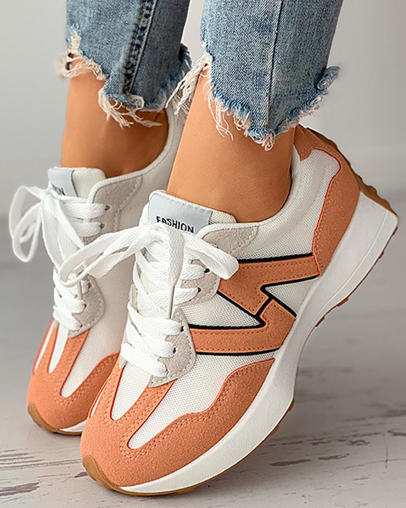 

Letter Pattern Colorblock Lace-up Sneaker, Orange