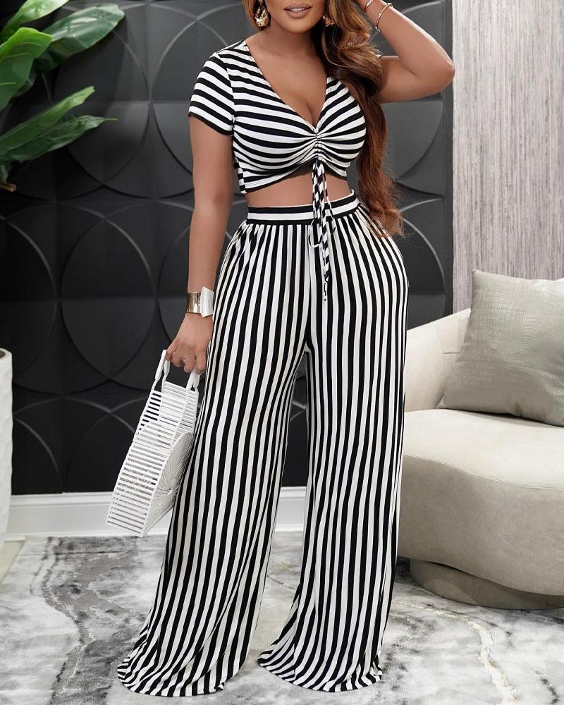 

Striped Print Drawstring Crop Top & Wide Leg Pants Set, Black&white