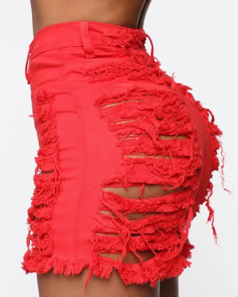 

Fringe Ripped High Waist Denim Shorts, Red