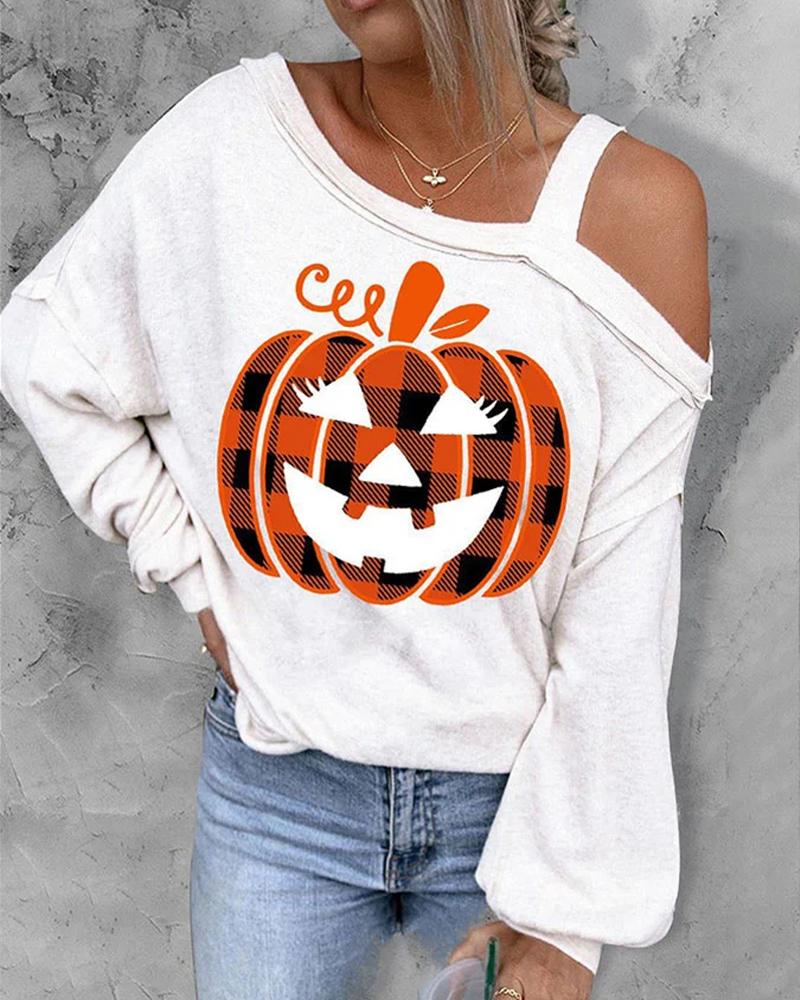 

Halloween Pumpkin Print Cold Shoulder Top, White