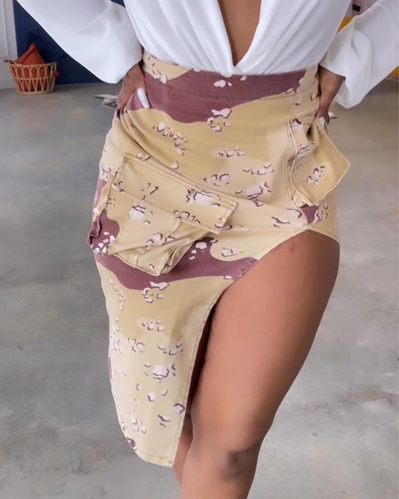 

Camouflage Print Pocket Design High Slit Skirt, Khaki