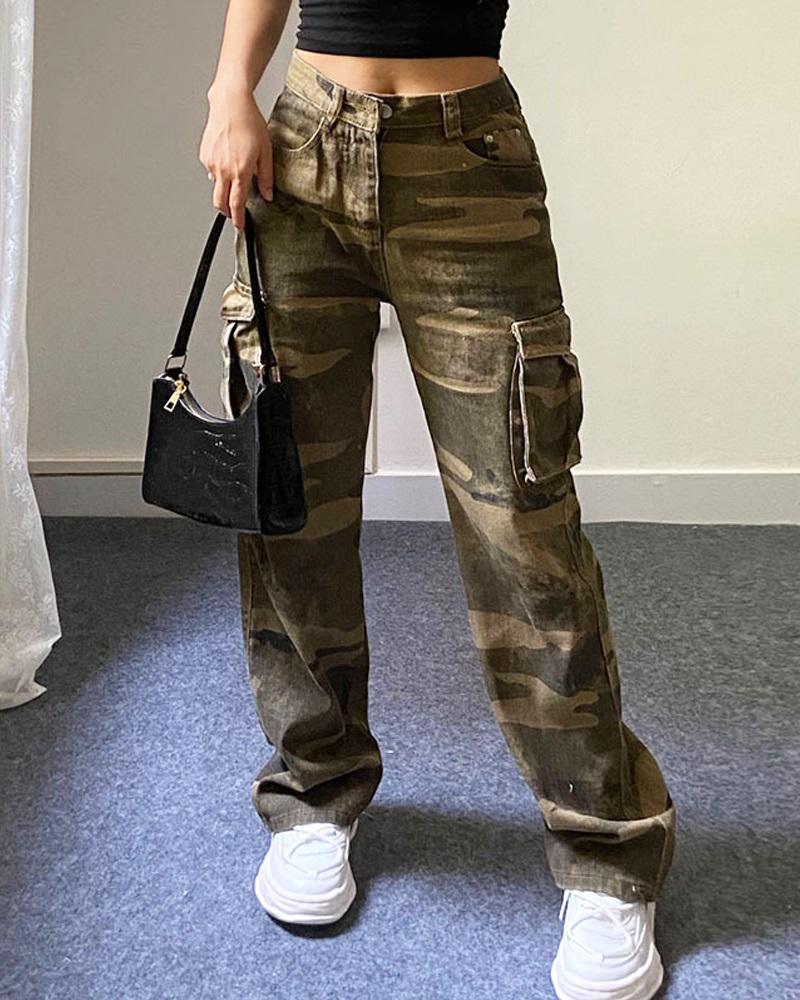 

Camouflage Print Pocket Design Jeans, Army green
