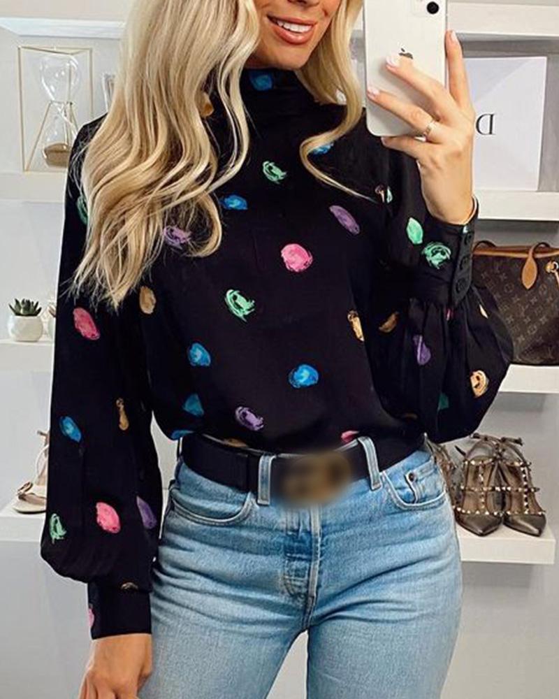 

Graphic Print Lantern Sleeve High Neck Top, Black