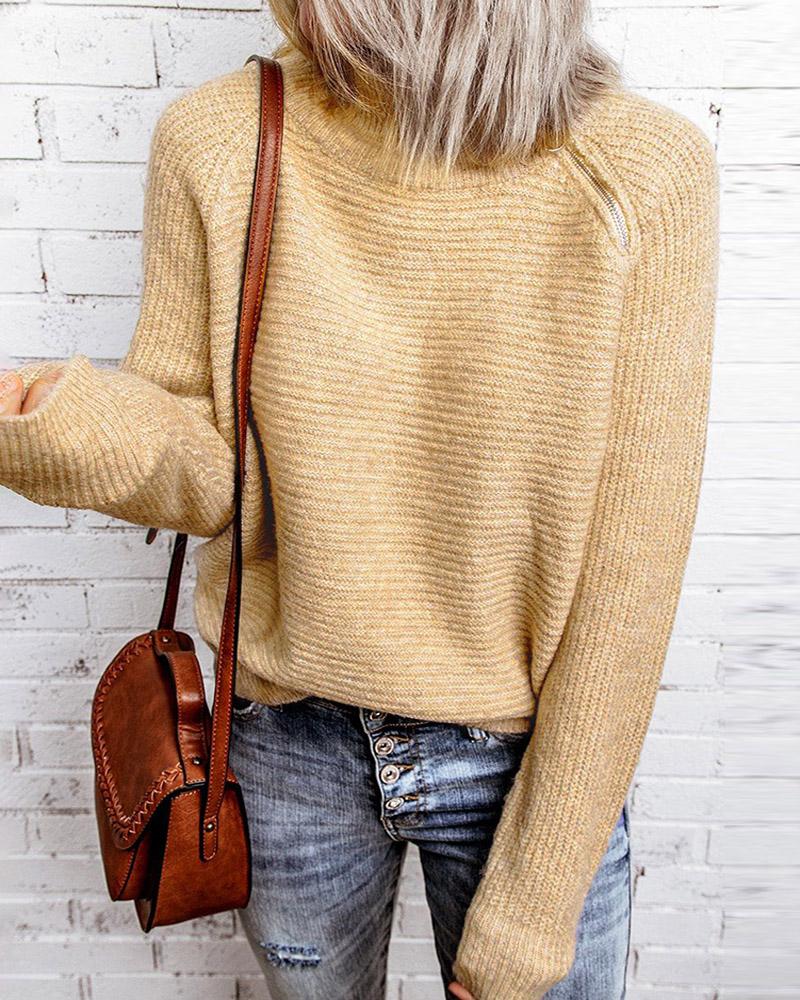 

Zipper Design Long Sleeve High Neck Knit Sweater, Khaki