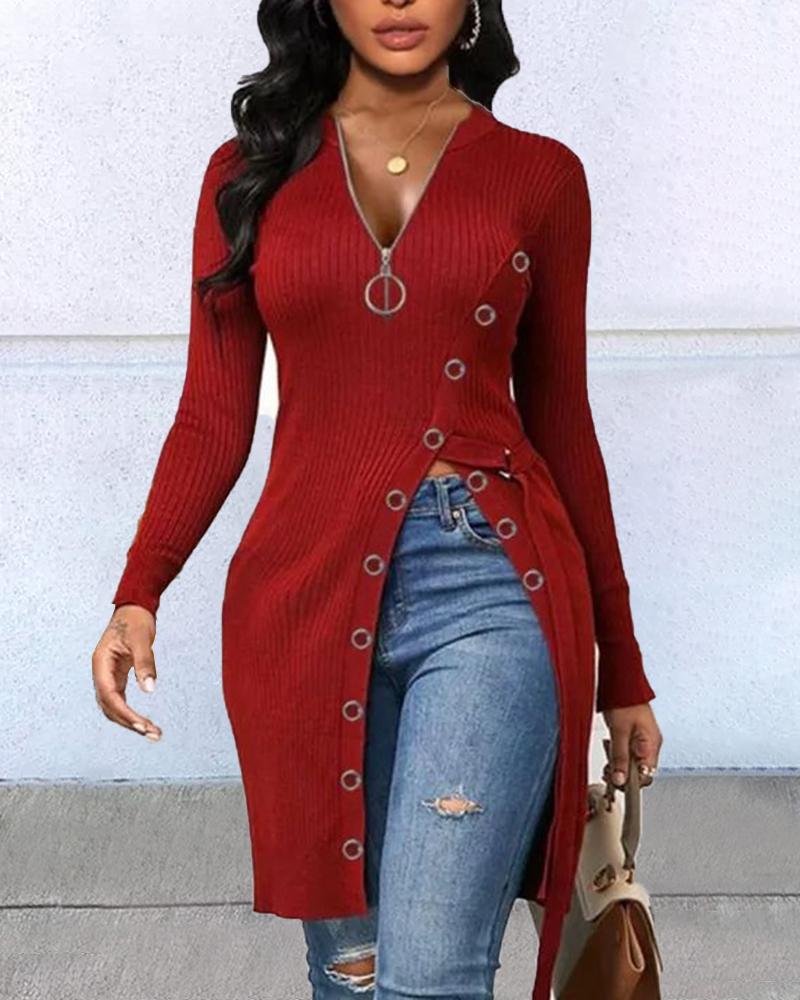 

Long Sleeve Zipper Design High Slit Top, Red