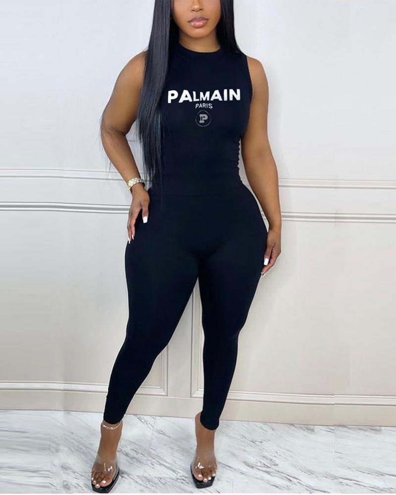

Letter Print Sleeveless Skinny Jumpsuit, Black