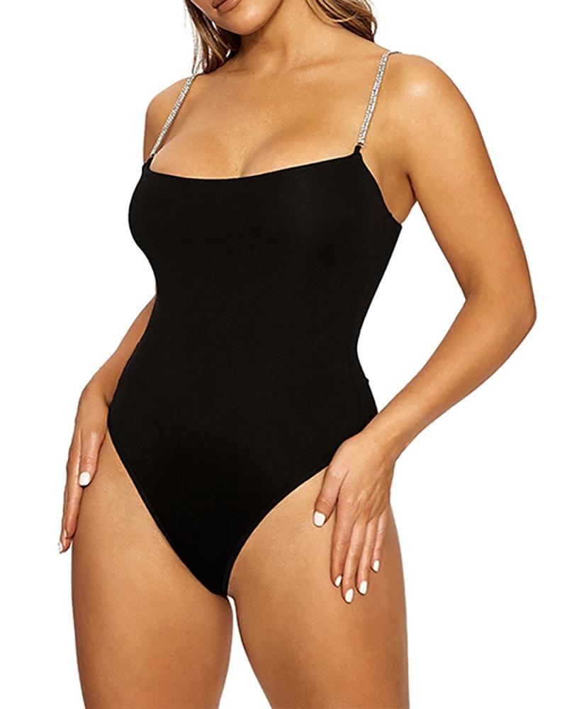 

Rhinestone Spaghetti Strap Sleeveless Skinny Bodysuit, Black