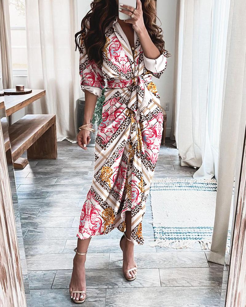 

Scarf Print Buttoned Belted Shirt Dress, Multicolor