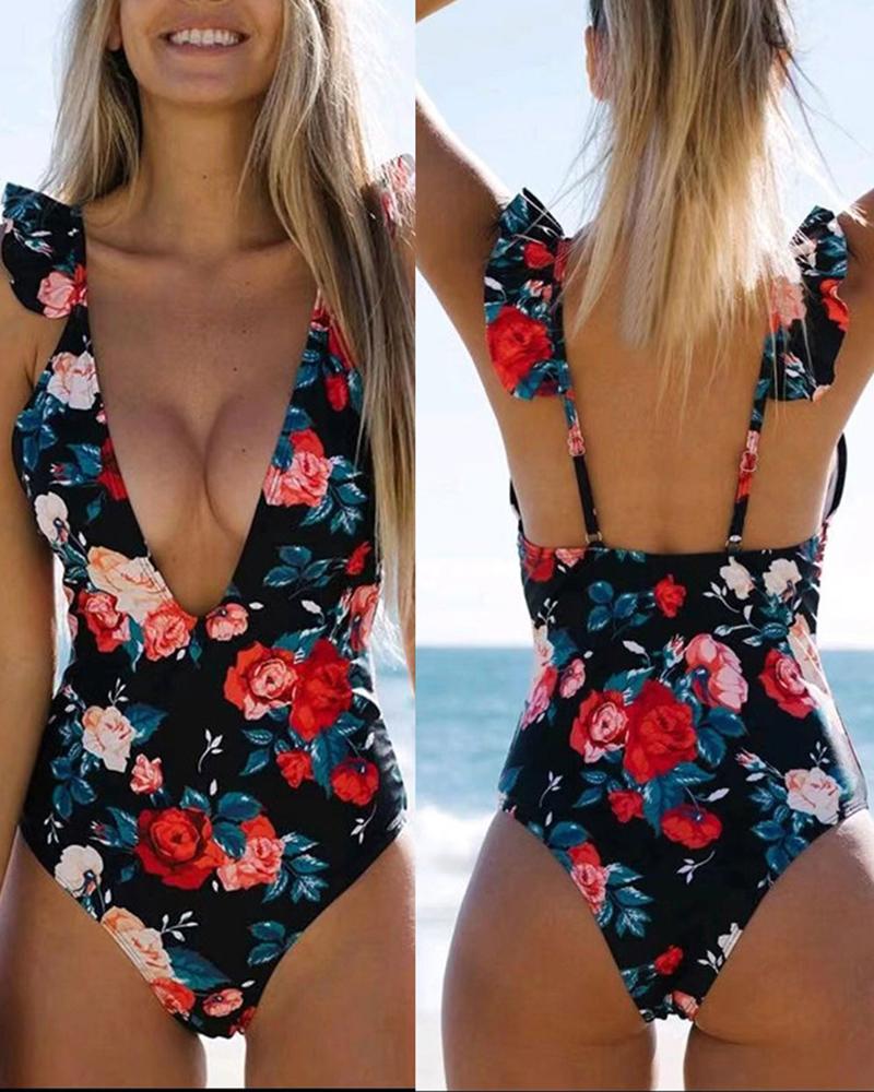 

Floral Print Ruffles Plunge One Piece Swimsuit, Black