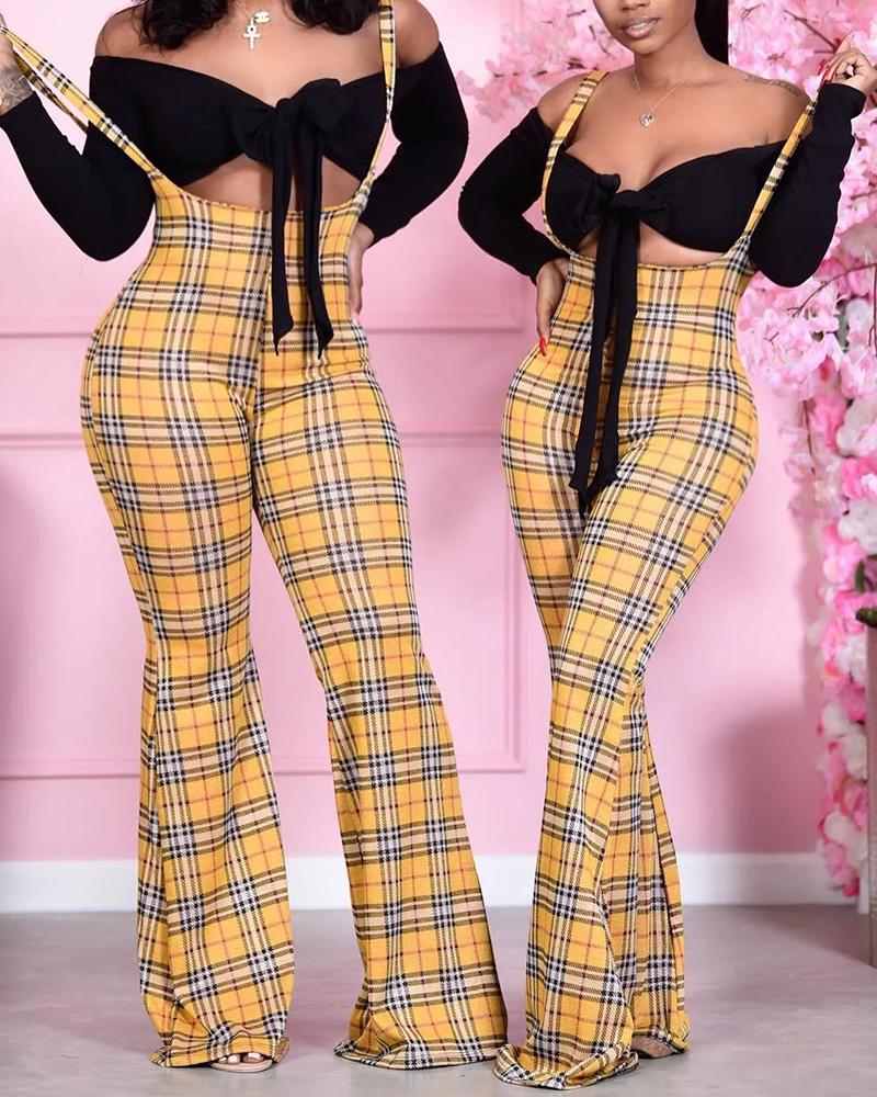 

Plaid Print Suspender Bootcut Jumpsuit, Yellow