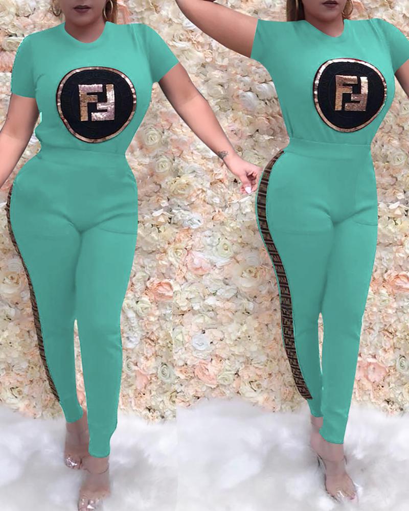

Letter Pattern Short Sleeve Top & High Waist Pants Set, Green