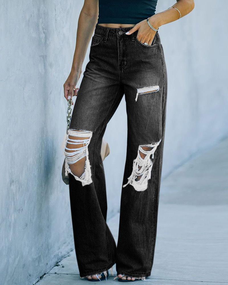 

Cutout Ripped Straight Leg Jeans, Black