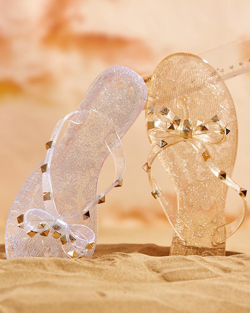 

Bowknot Decor Rivet Clear Perspex Flip Flops