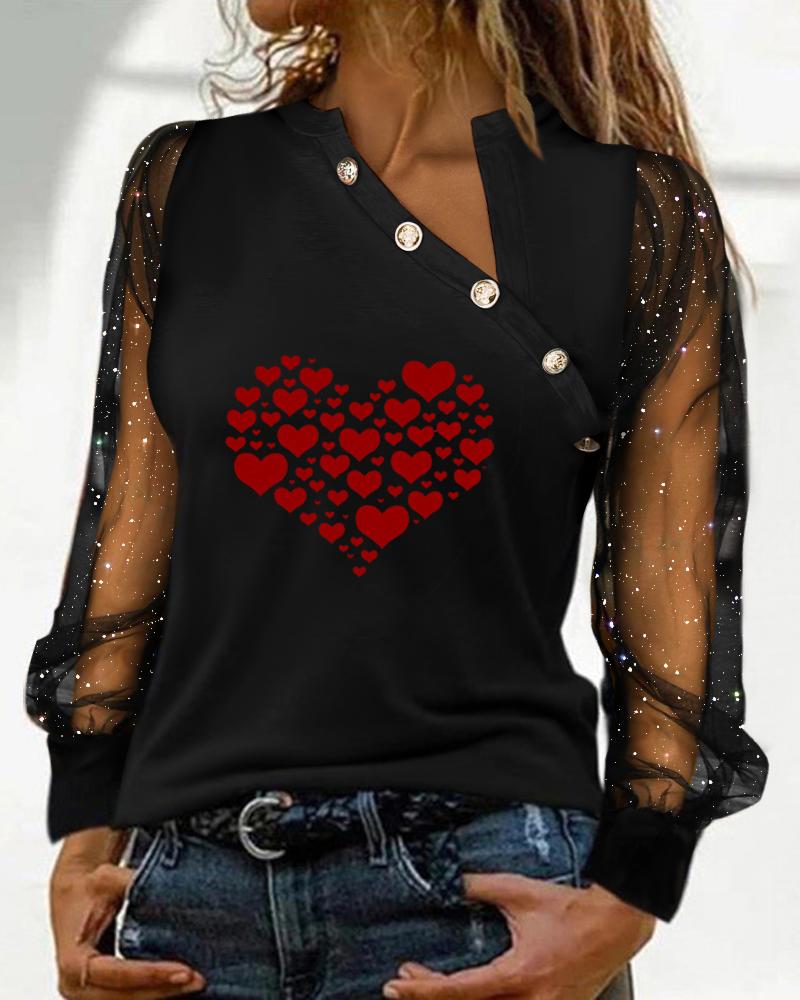 

Valentine' Day Heart Print Contrast Mesh Top, Black