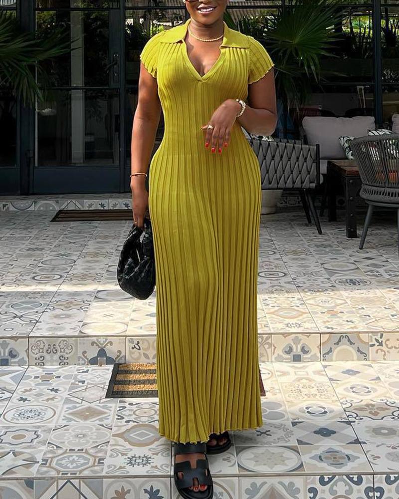 

Ribbed Turn Down Collar Casual Maxi Dress, Green