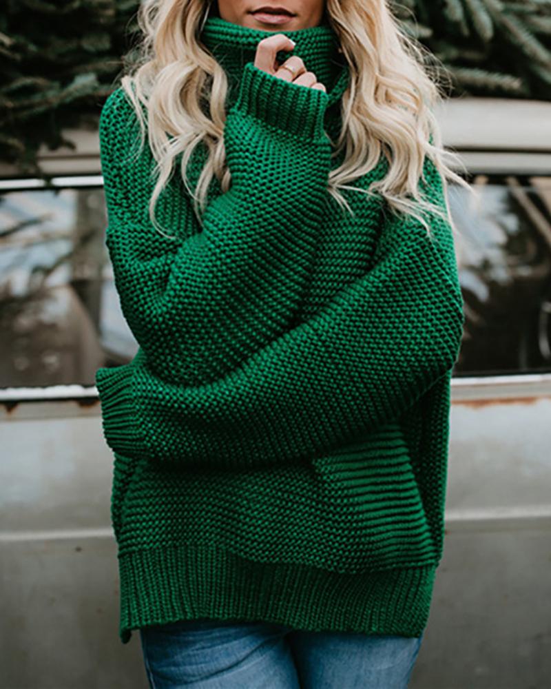 

High Neck Long Sleeve Slit Knit Sweater, Green