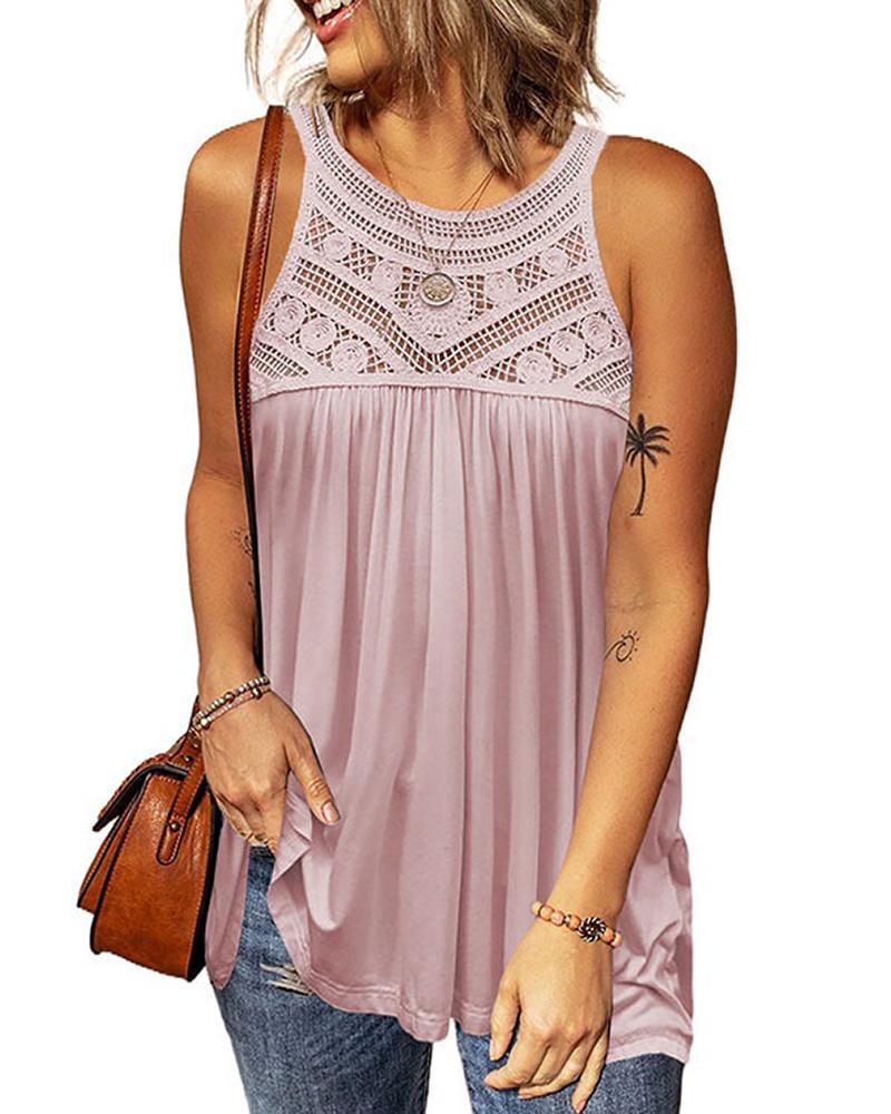 

Round Neck Lace Flowy Tank Top, Pink