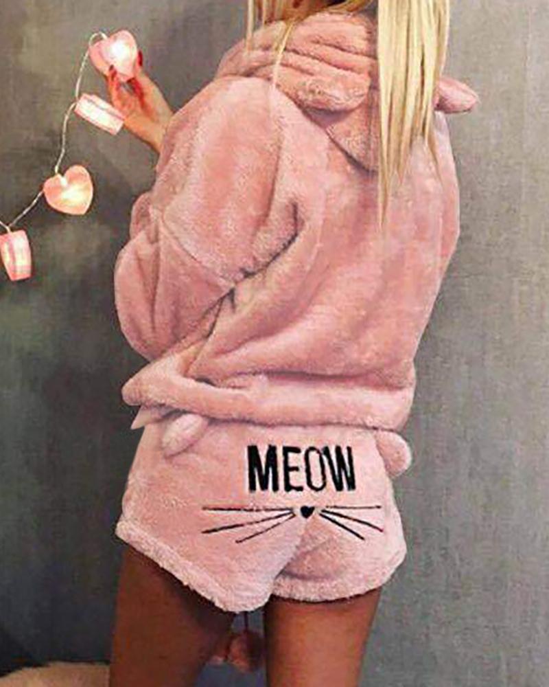 

Fluffy Hooded Coat & Short Sets, Light pink