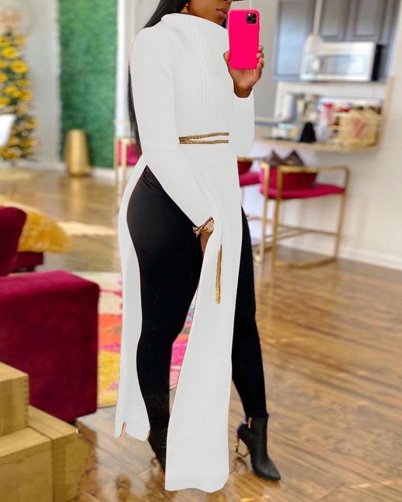 

Plus Size Long Sleeve High Slit Sweater Dress, White
