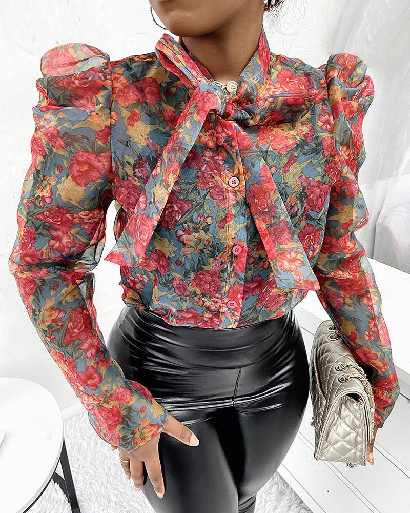 

Floral Print Gigot Sleeve Tie Neck Retro Organza Top, Multicolor