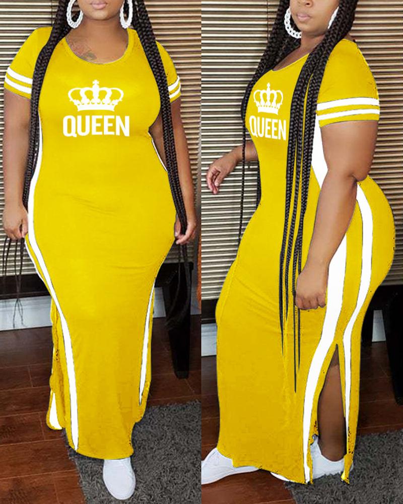 

Plus Size Letter Crown Print Split Hem Casual Dress, Yellow