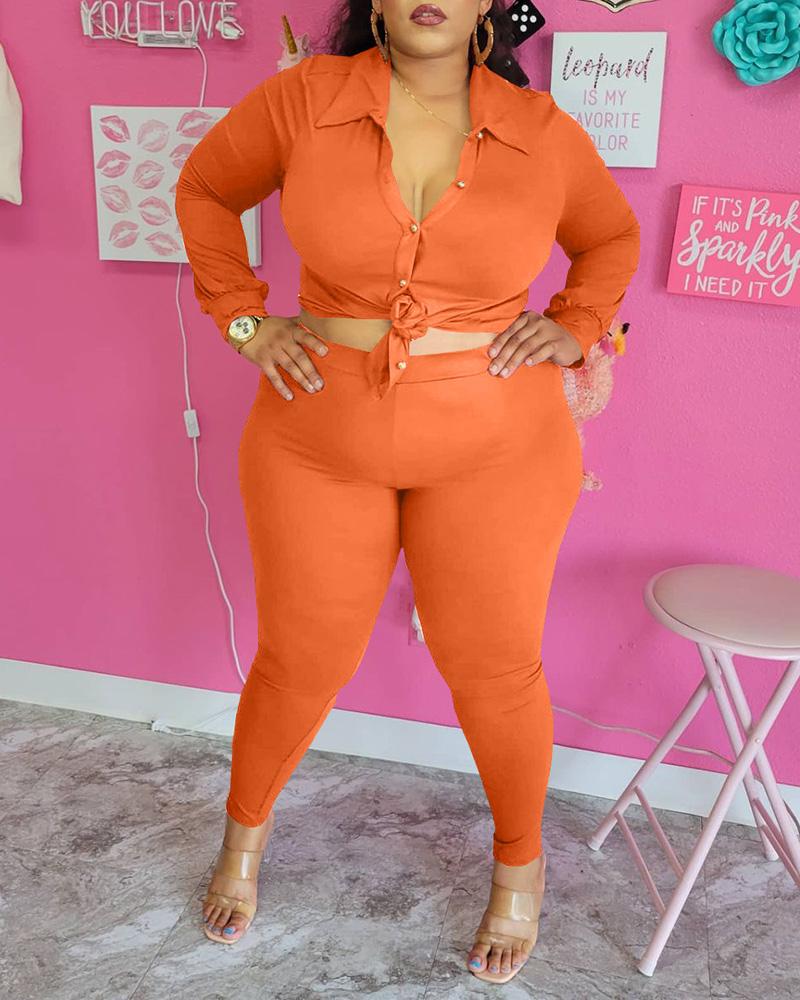 

Plus Size Long Sleeve Button Design Top & Pants Set, Orange