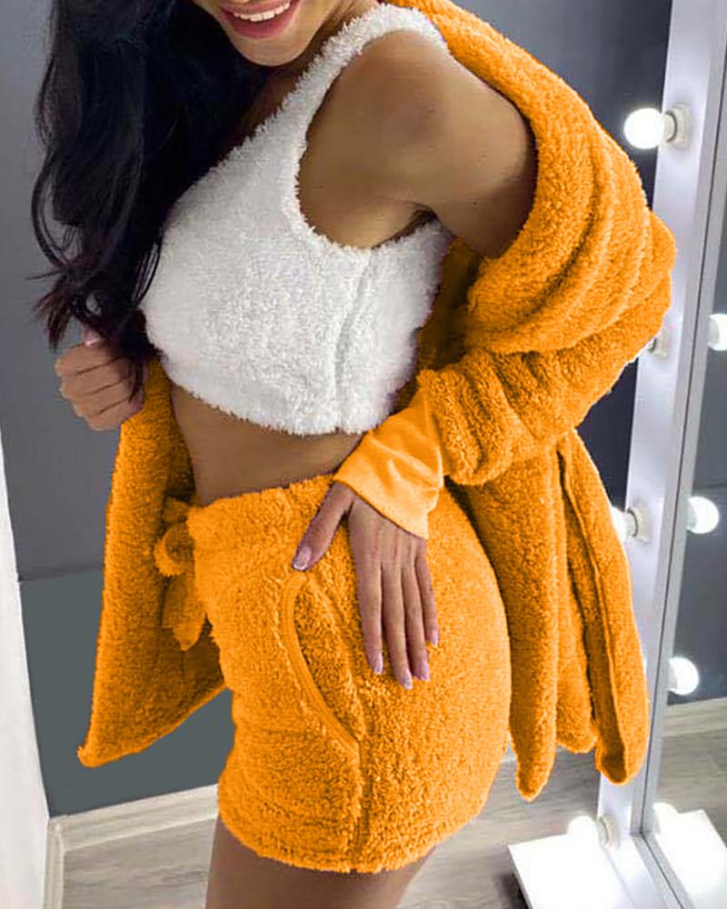 

3PCS Drawstring Long Sleeve Teddy Pajamas Set, Orange