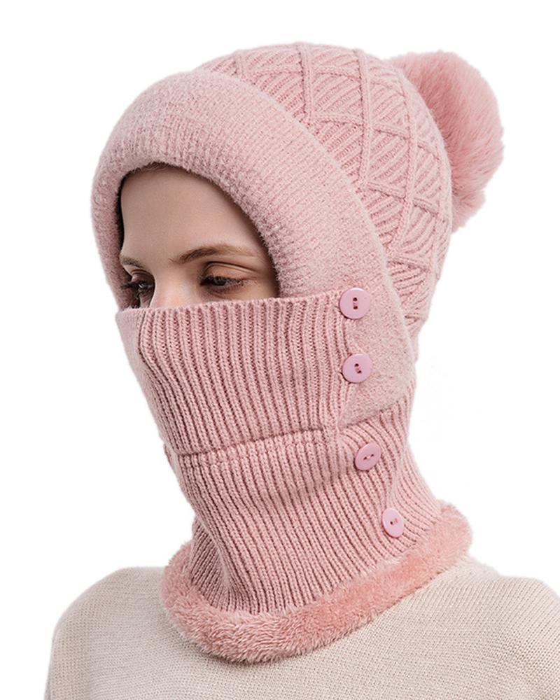 

Windproof Thermal Plaid Buttoned Pom Pom Knit Winter Hat With Neck Warmer, Pink