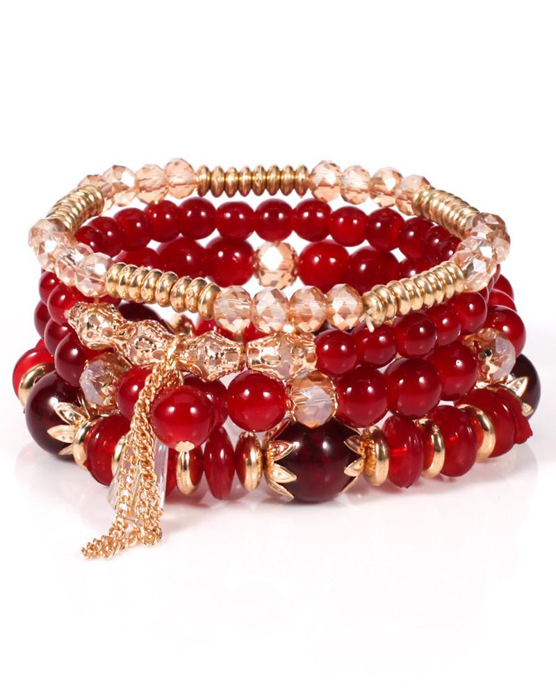 

4pcs Bohemian Crystal Stone Beaded Stackable Tassel Bracelets Set, Red