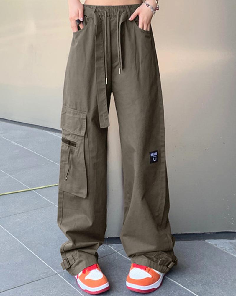 

Pocket Design High Waist Cargo Pants, Army green