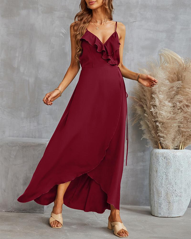 

Ruffles Spaghetti Strap Maxi Dress, Wine red