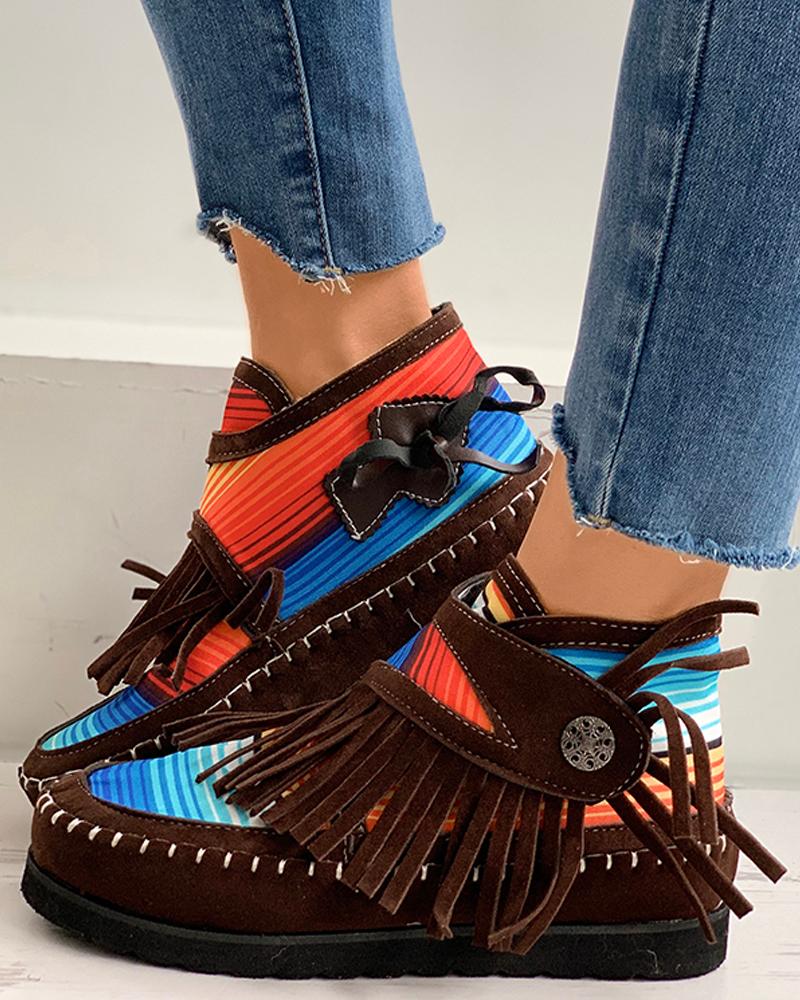 

Striped Colorblock Tassel Design Shoes, Coffee