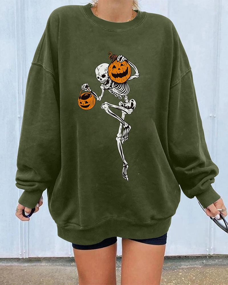 

Halloween Pumpkin Skeleton Print Long Sleeve Sweatshirt, Army green